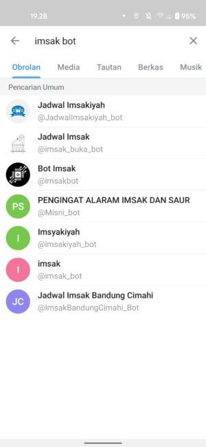 beberapa bot waktu salat di Telegram
