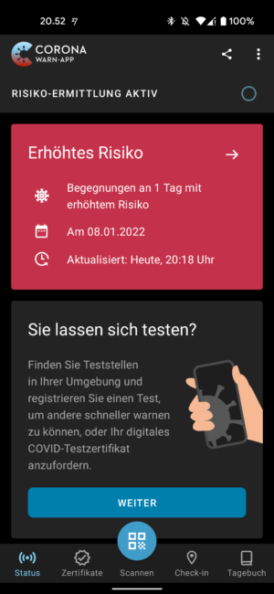 tampilan peringatan dari Corona Warn-App