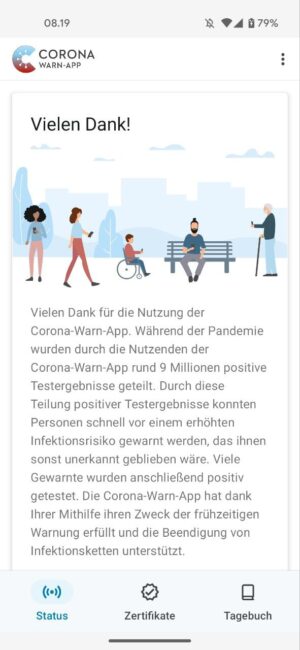 pemberitahuan terakhir di aplikasi Corona Warn-App