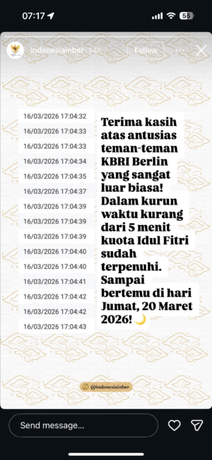 Instagram Story KBRI mengumumkan kuota salat Idulfitri habis dalam waktu kurang dari 5 menit