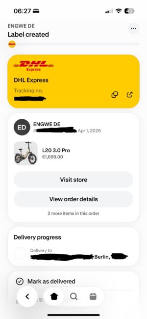 kode pelacakan DHL di aplikasi Shop